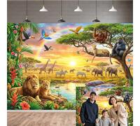 7X5ft African Safari Animals Backdrop, Jungle Wildlife Sunset Rainbow Photography Background, Tropical Forest Savannah Nature Scene Banner, Birthday Party Baby Shower Photo Booth Studio Decor