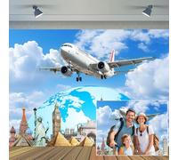 7X5ft Around The World Travel Backdrop Airplane Globe World Landmarks Photography Background Travel Adventure Themed Birthday Party Infant Baby Adult Portrait Photo Booth Wall Decor Banner