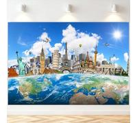 7x5FT Around The World Travel Backdrop Global Landmark Blue Sky White Clouds Earth Photography Background Birthday Baby Shower Party Decorations Photo Studio Props Home Decor Supplies