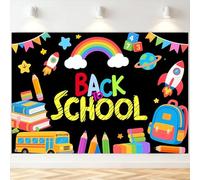 7x5FT Back to School Chalkboard Backdrop First Day of School Photography Background Space Rocket Rainbow School Supplies Banner for Kids Teachers Classroom Decorations Photo Studio Props