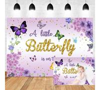 7x5ft Butterfly Baby Shower Backdrop A Little Butterfly is On The Way Photography Background Watercolor Purple Flowers Floral Golden Dots Baby Girl is on Her Way Birthday Party Decorations