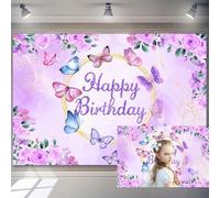 7x5ft Butterfly Birthday Backdrop for Women Fantasy Purple Butterflies Floral Photography Background Golden Sequins Purple Happy Birthday Backdrop Banner Cake Table Decor Girls Photo Booth Props