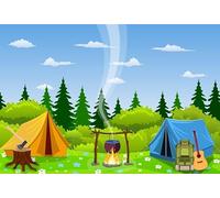 7x5ft Camping Backdrop Camping Theme Party Photography Background Forest Backdrop Two Tent and Cook Scene Youth Adventure Summer Camp Adult Child Kids Birthday Party Banner Supplies