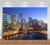 7X5FT Chicago Skyline Backdrop, Downtown Cityscape Photography Background with Skyscrapers River View, Urban Night City Wall Backdrop for Wedding Party Birthday Event Decoration Photo Studio