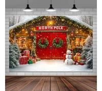 7x5ft Christmas Backdrop Winter Forest Red Wooden Barn Door North Pole Snow Xmas Tree Photo Backdrop Photography Background Kids Farmhouse Santa Claus Village Party Banner Family Photo Decorations