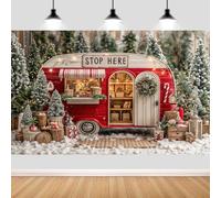 7x5ft Christmas Camper Party Decor Backdrop, Winter Snowy Forest Pine Trees Santa's Cartoon Camper Van Background Banner, Merry Xmas Backdrop for Family Holiday Party Baby Shower Decorations