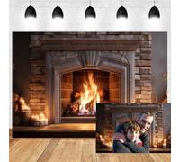 7x5ft Christmas Fireplace Backdrop White Brick Fireplace Burning Firewoods Candle Photography Background Christmas Eve Wall Decoration Supplies Happy New Year Winter Holiday Photo Booth Props