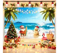 7x5FT Christmas in July Backdrop, Large Sand Snowman and Beach Tropical Photography Background Banner, Summer Christmas Party Decorations with Hanging Ribbon