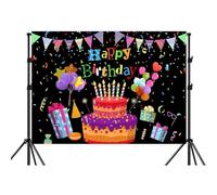 7x5ft Colorful Happy Birthday Backdrop, Birthday Party Backdrop with Cake, Balloons, Gifts & Confetti for Kids & Adults Black Photography Background,Banner Photo Shoot Studio Props