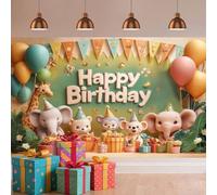 7X5FT Cute Jungle Animal Backdrop Safari Zoo Elephant Giraffe Monkey Green Happy Birthday Photography Background Kids Colorful Birthday Party Baby Shower Decor Banner Photo Booth Props