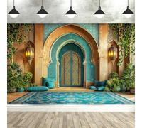 7x5ft DYNH Arabian Moroccan Nights Party Backdrop, Morocco Palace Arch Architecture Middle Eastern Teal Luxurious Backdrop for Moroccan Wedding Birthday Party Background Decorations Photo Studio Props