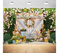 7x5ft Easter Spring Backdrop Easter Rabbit Eggs Garden Wooden Door Photography Background Kids Birthday Baby Shower Party Decorations Portraits Supplies Photo Studio Props