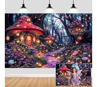 7X5ft Enchanted Forest Backdrop Fairy Tale Forest Purple Mushroom House Photography Background Magic Wonderland Garden Birthday Party Decorations Photo Shoot Booth Props