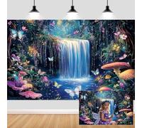 7X5ft Enchanted Forest Photography Backdrop Fantasy Wonderland with Waterfall Mushroom Floral Butterfly Magic Landscape Photo Booth Props for Party Decorations Studio Shoots