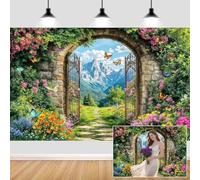7X5ft Enchanted Garden Backdrop Spring Fairytale Wonderland Castle Door Floral Butterfly Background for Kids Girl Baby Shower Birthday Party Decoration Studio Photography Banner Booth Props