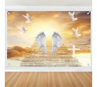 7x5ft Fabric Heaven Backdrop Stair to Heaven Angel Wings Peace Doves Paradise Photography Background Funeral Memorial Religious Christian Church Events Wall Hanging Decor Photo Props