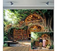 7X5ft Fairy Library Backdrop Enchanted Forest Tree House Bookshelf Greenery Book Reading Theme Party Photography Background Birthday Wedding Decor Supplies Wall Banner