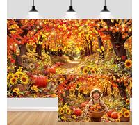 7X5ft Fall Backdrop for Photography Autumn Forest Scenery Maple Leaves Pumpkins Sunflowers Background Fall Farm Harvest Thanksgiving Party Decorations Banner Photo Booth Photo Booth Props