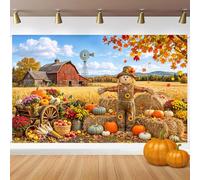 7X5ft Fall Backdrop Pumpkin Scarecrow Maple Leaves Autumn Thanksgiving Photography Background Farm Harvest Party Cake Table Decoration Family Portrait Photo Booth Wall Decor Banner
