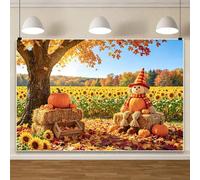 7x5FT Fall Backdrop Sunflower Field Scarecrow Pumpkin Hay Bale Maple Tree Thanksgiving Photography Background Autumn Harvest Birthday Baby Shower Party Decoration Photo Studio Props
