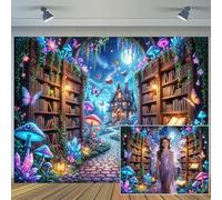 7X5ft Fantasy Library Forest Backdrop Enchanted Woodland Path Glowing Mushrooms Butterflies and Books Magical Night Fairy Garden Photography Background for Birthday Party Photo Booth Studio Decor