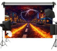 7x5FT Future City Street Photography Backdrop Lightning Fire Road Sci-Fi Theme Urban Landscape for Party Photo Booth Studio Portrait Background