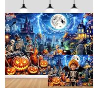 7X5ft Halloween Backdrop for Photography Horror Moon Night Skeleton Band Graveyard Background Halloween Jack-O'-Lantern Ghost Castle Spooky Skull Party Decoration Photoshoot Studio Photo Props