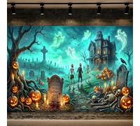 7x5ft Halloween Backdrop, Horroble Spooky Graveyard Cemetery with Skeleton Ghosts Pumpkin Haunted House Background, Welcome to Halloween Party Decoration Banner Backdrop Photo Booth Supplies