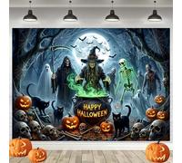 7X5ft Halloween Backdrop, Spooky Witch Cauldron Photography Background, Happy Halloween Party Banner with Ghost, Skeleton, Pumpkin, Black Cat, Moon for Halloween Party Decorations, Photo Booth