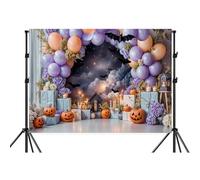 7X5ft Halloween Pastel Purple Balloon Backdrop,Spooky Floral Pumpkin Bat Starry Night Sky Background,Whimsical Gothic Photo Booth Backdrop for Halloween Party, Spooky Themed Photoshoot Decorations