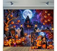 7X5ft Halloween Photo Backdrop, Full Moon Spooky Haunted Castle Pumpkins Party Background Scary Night Ghost Witch Bats Cemetery Child Kids Halloween Party Decorations Photo Booth Props