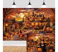 7X5ft Halloween Photography Backdrop Fall Haunted House Pumpkin Jack-o'-Lanterns Background Autumn Full Moon Horror Castle Black Cat Ghost Trick or Treat Party Decor Photo Booth Studio Props