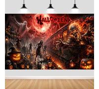 7X5ft Halloween Photography Backdrop Full Moon Scary Skeleton Horror Zombie Train Night Party Background Spooky Cemetery Ghost Halloween Party Decorations Photoshoot Photo Backdrops