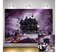 7x5ft Halloween Photography Backdrop Purple Night Moon Graveyard Pumpkins Background Haunted Castle Bats Witch Kids Halloween Party Decorations Photoshoot Supplies
