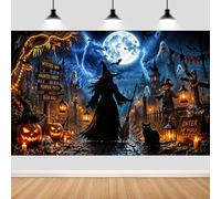 7X5ft Halloween Witch Backdrop Spooky Night Full Moon Haunted Castle Photography Background Scary Pumpkin Witch Bats Cemetery Kids Halloween Party Decorations Backdrops Photo Studio Props