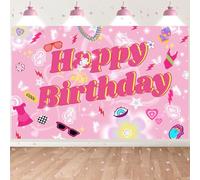 7x5FT Happy Birthday Early 2000s Backdrop Pink Flash Glasses Heart Butterfly Background for Girls Kids Party Decorations Family Photo Booth Props