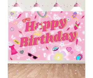 7x5FT Happy Birthday Early 2000s Backdrop Pink Flash Glasses Heart Butterfly Background for Girls Kids Party Decorations Family Photo Booth Props