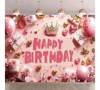 7x5FT Happy Birthday Photo Backdrop Rose Crown Pink Photography Background Banner Polyester for Girl Mom Lady Home Outdoor Fabric Studio Props Booth Video Shooting Decorations Supplies