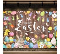 7X5ft Happy Easter Backdrop Spring Easter Bunny Egg Rabbit Photography Backdrop Rustic Wooden Wall Photo Banner Colorful Floral Grass Party Decorations Background Photo Booth Props