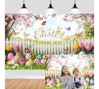 7X5ft Happy Easter Backdrop Spring Easter Flower Garden Rabbit Photography Background Eggs Bunny Green Grass Floral Wall Decor Backdrops Kids Children Birthday Party Banner Photo Booth Props