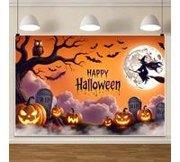 7x5FT Happy Halloween Backdrop Full Moon Night Spooky Trees Flying Witch Scary Pumpkin Photography Background for Kids Adults Halloween Party Decorations Photo Studio Props