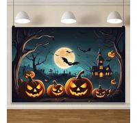 7x5FT Happy Halloween Backdrop Horror Moon Night Dark Teal Haunted House Pumpkin Spooky Trees Photography Background for Kids Adults Halloween Party Decorations Photo Studio Props