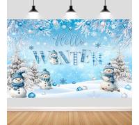 7x5ft Hello Winter Forest Backdrop, Blue Winter Snowy Forest Snowflake Snowman Christmas Photography Backdrop Background Banner Party Decorations for Baby Kids Family Photo Booth Studio Props