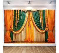 7x5ft Indian Ceremony Backdrop for Photography Puja Ganpati Backdrop Indian Wedding Bridal Shower Party Marigold Wreath Photo Prop Happy Holi Diwali Pooja Party Decor