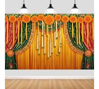 7X5ft Indian Pooja Backdrop Traditional Diwali Puja Ganpati Background Marigold Garland Drape for Wedding Party Religious Festival Decor Photo Booth Studio Props