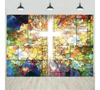 7x5ft Jesus Christ Cross Backdrop Stained Glass Holy Bible for Church Event Photography Background Crucifix Christian Religious Easter Decorations Banner Portraits Photo Studio Props