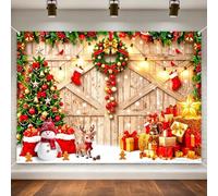 7x5FT Merry Christmas Barn Wood Door Backdrop for Photography with Christmas Hat Winter Snow Upgraded Corner Holes with 6M Ribbon & Stitched Edges, New Year Eve Party Decorations, Polyester