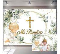 7x5ft Mi Bautizo Backdrop First Holy Communion Baptism Party Decoration Angel God Bless Green Eucalyptus Leaf Photography Background for Newborn Baby Shower Photo Backdrops Portrait Photo Props