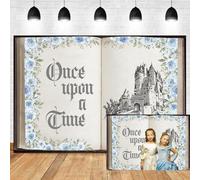 7x5ft Once Upon A Time Backdrop Fairy Tale Book Ancient Castle Blue Flowers Photography Background Opening Magic Book Princess Party Decorations Kids Adult Portrait Photo Studio Props