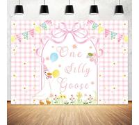7x5ft One Silly Goose Pink Baby Shower Party Backdrop, Pink Plaid Arch Bow Cute Little Goose 1st Birthday Newborn Party Background Decorations Supplies Photo Studio Props